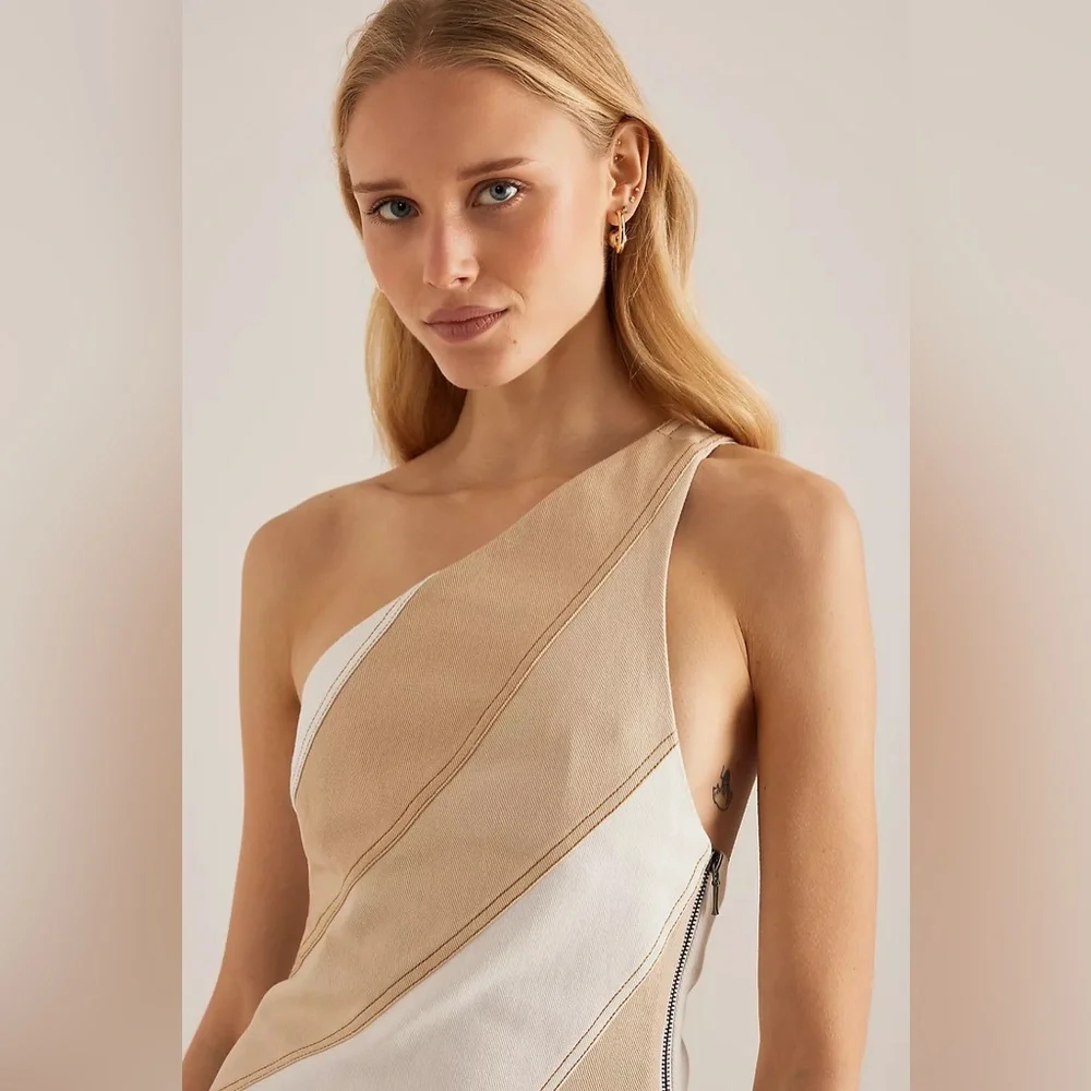 Significant Other Saskia One-Shoulder Mini Dress in Beige & White Size 4 NWT - Picture 4 of 8